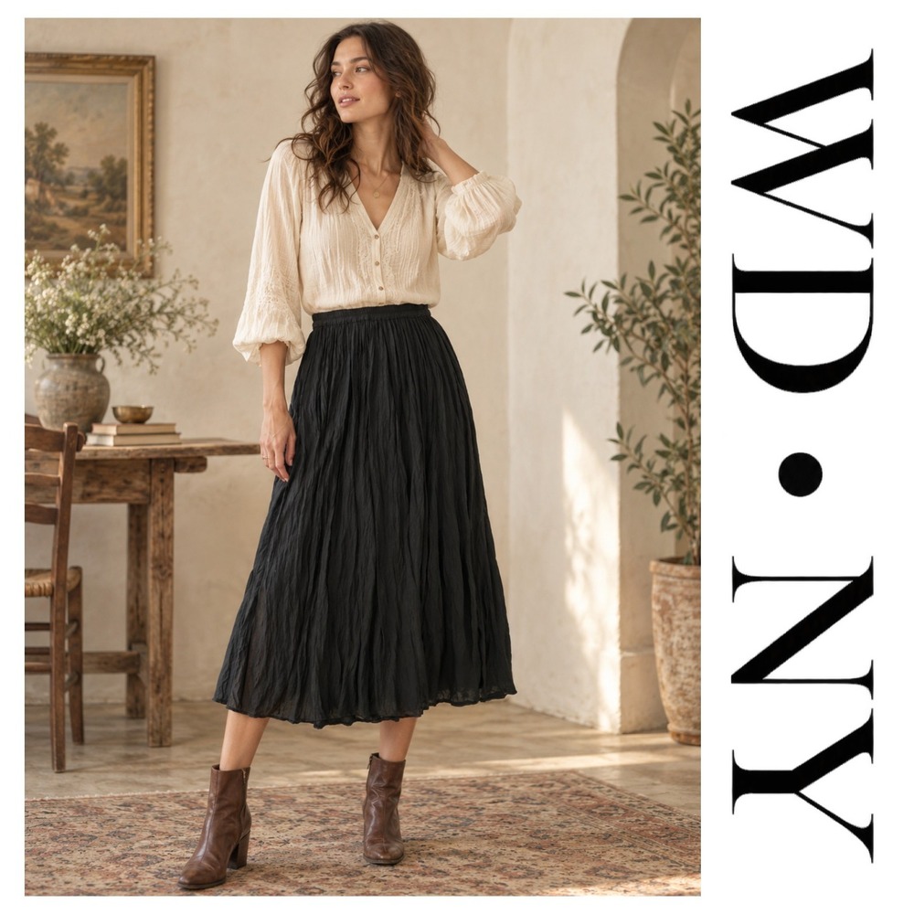 WD.NY Vintage 100% Silk Black Crinkle Pleated Midi Skirt Capsule Minimalist S